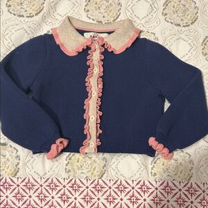 Mini Boden Navy and Pink Girl’s ruffle cardigan